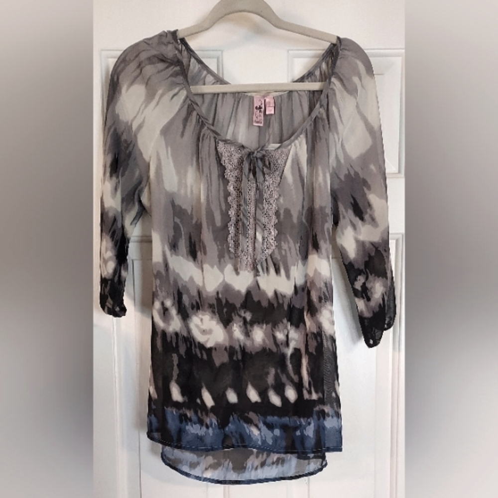 Dolled Up Women's Sheer Multicolor Peasant Style Blouse Top Size L.